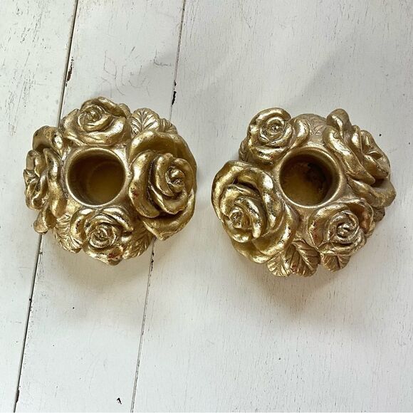 Vintage Resin Candlesticks Roses Gold - Picture 1 of 6